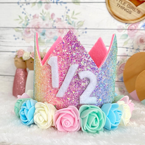 Half Birthday Rainbow Crown with Pastel Flowers