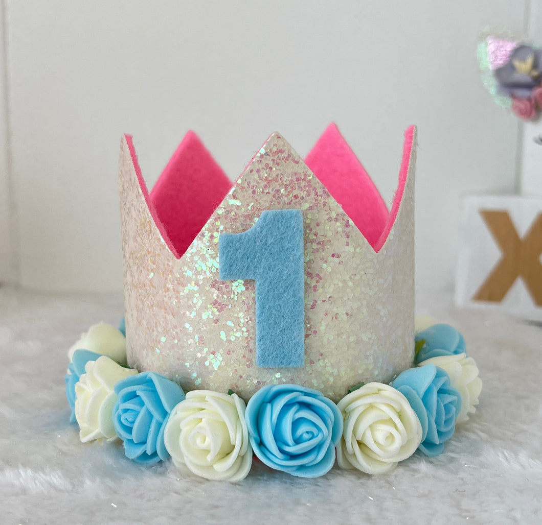 Birthday Crown with Flowers - Blue and White