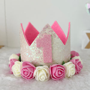 Birthday Crown with Flowers - Pink and White