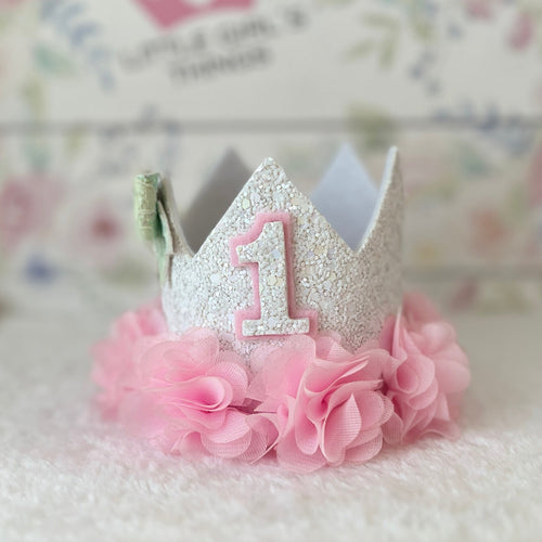 Birthday Crown White - Pink Chiffon Ruffle, Rainbow Bow