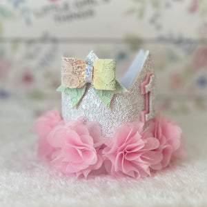 Birthday Crown White - Pink Chiffon Ruffle, Rainbow Bow