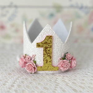 Birthday Crown White - Pink flowers and White Glitter