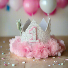 Birthday Crown White - Pink Chiffon Ruffle, Rainbow Bow