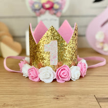 1st Birthday Crown with Flowers - Gold