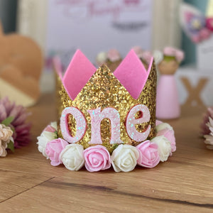 1st Birthday Crown with Flowers - Gold ONE