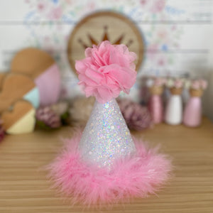Birthday Party Hat - Pink with Feather Trim