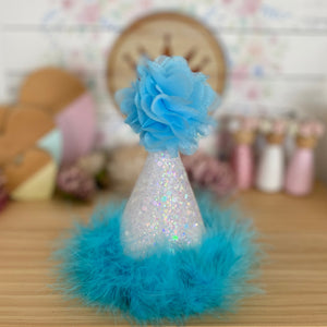 Birthday Party Hat - Blue with Feather Trim