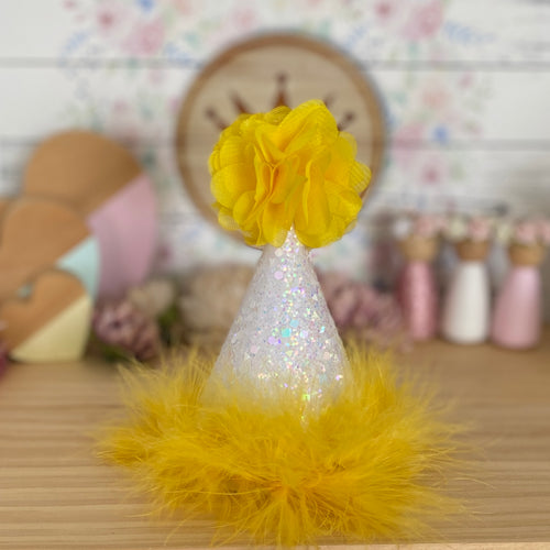 Birthday Party Hat - Yellow with Feather Trim