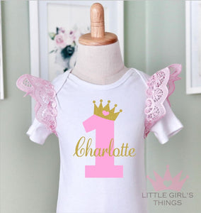 1st Birthday Onesie - Personalised Pink Flutter Gold Crown