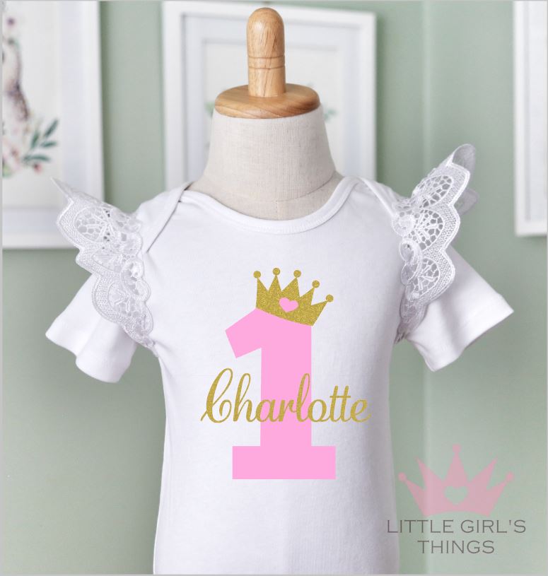 1st Birthday Onesie Personalised White Flutter Gold Crown