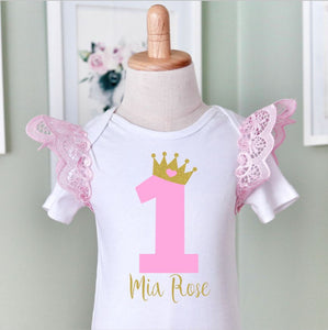 1st Birthday Onesie -  Personalised Pink Flutter Birthday Crown