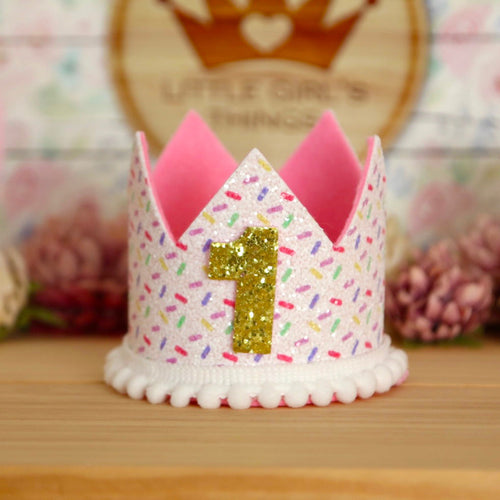 1st Birthday Crown - Funfetti with pompom Trim