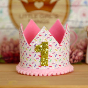 1st Birthday Crown - Funfetti with pompom Trim