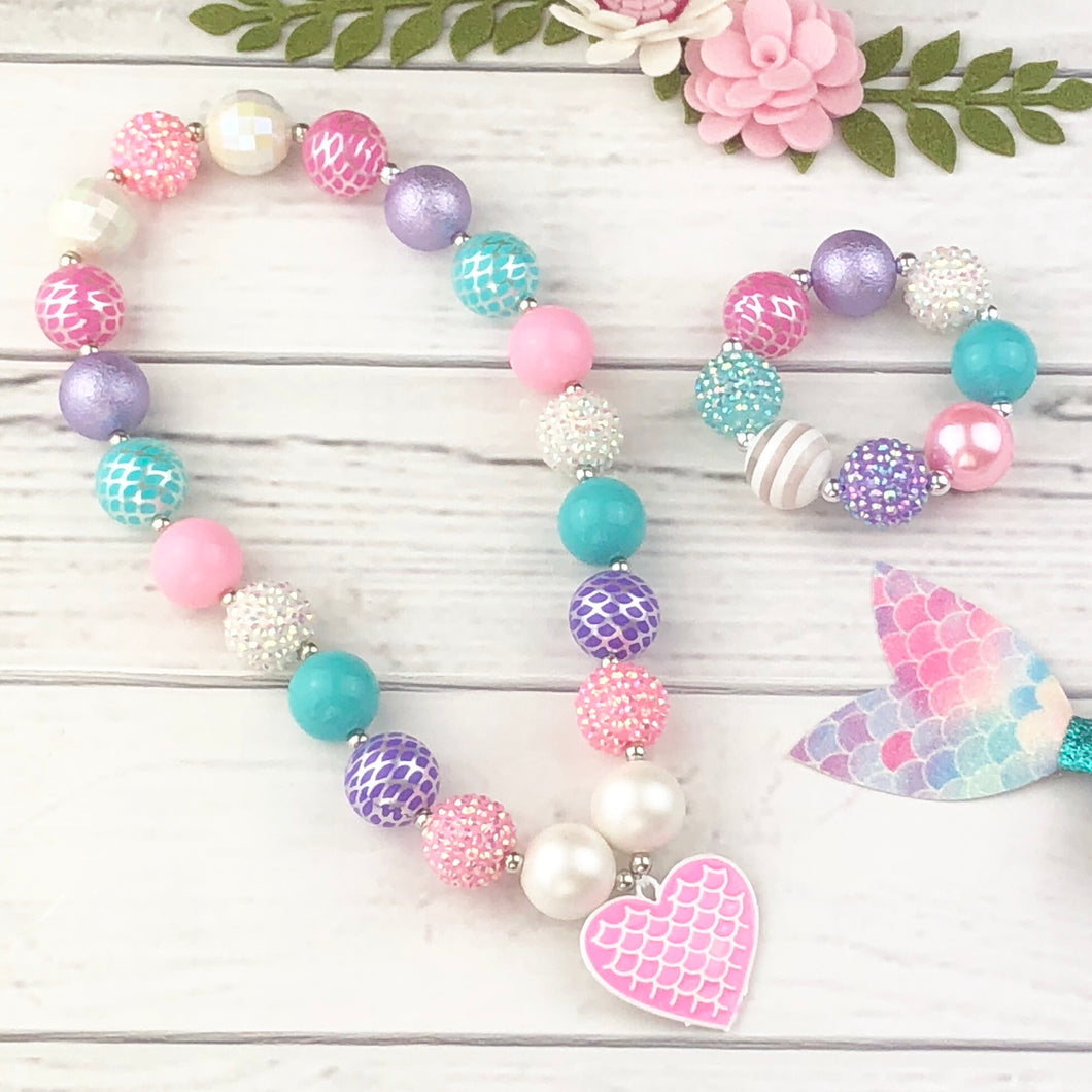 Bubblegum Necklace and Bracelet Set - Pink Mermaid Heart