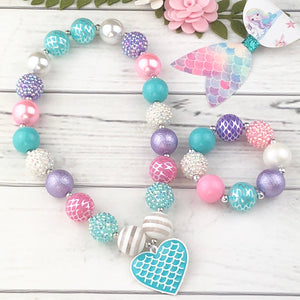 Bubblegum Necklace and Bracelet Set - Blue Mermaid Heart