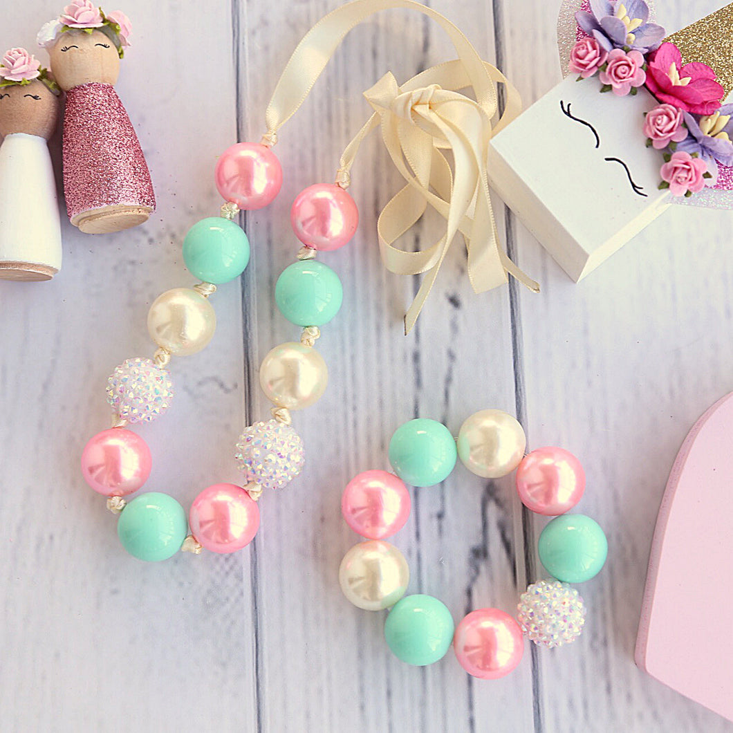Bubblegum Necklace and Bracelet Set in Mint, Cream and Pink