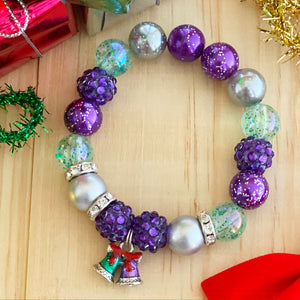 Christmas Bubblegum Bracelet - Teal and Purple Bells Charm