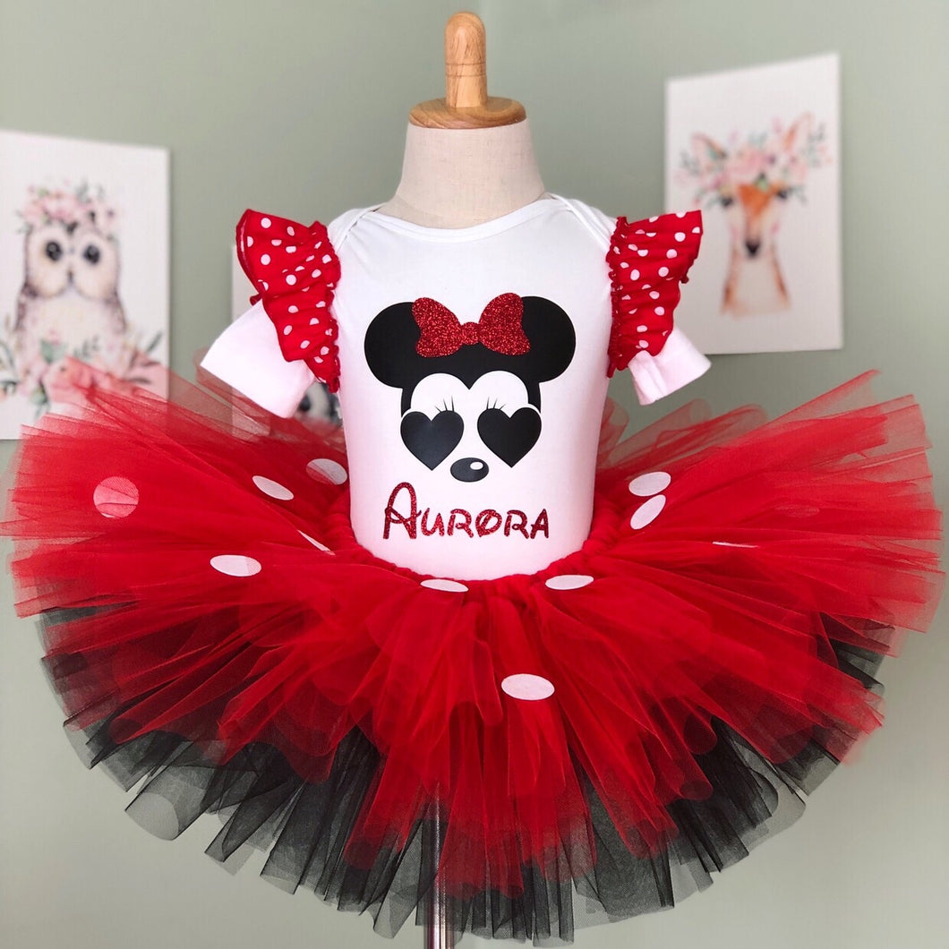 Birthday Tutu and Top - Minnie Red & Black Tulle with White Dot