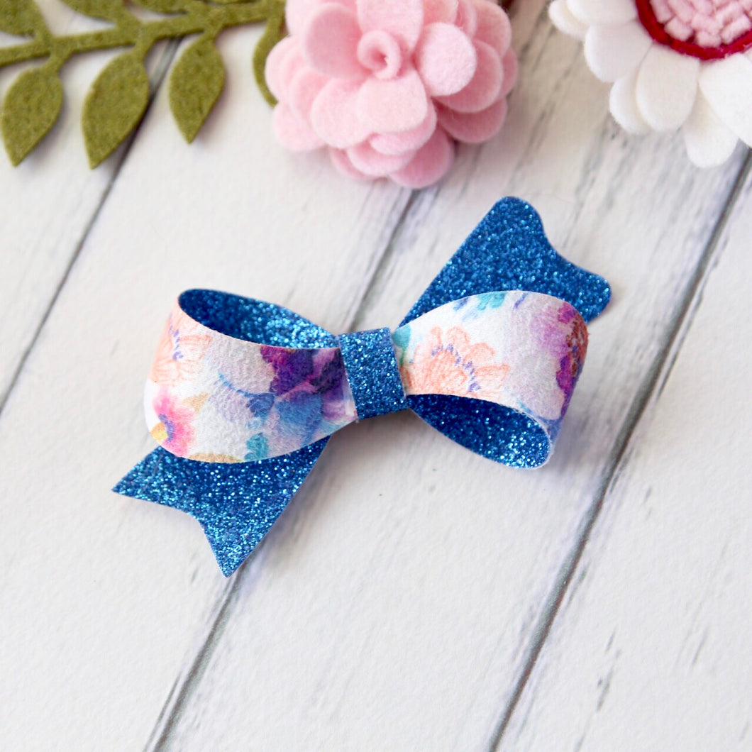 Layla Bow - Blue Watercolour Floral & Glitter