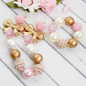 Bubblegum Necklace and Bracelet Set - Pink and Gold Bows