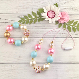 Bubblegum Necklace and Bracelet Set - Gold, Pink and Blue