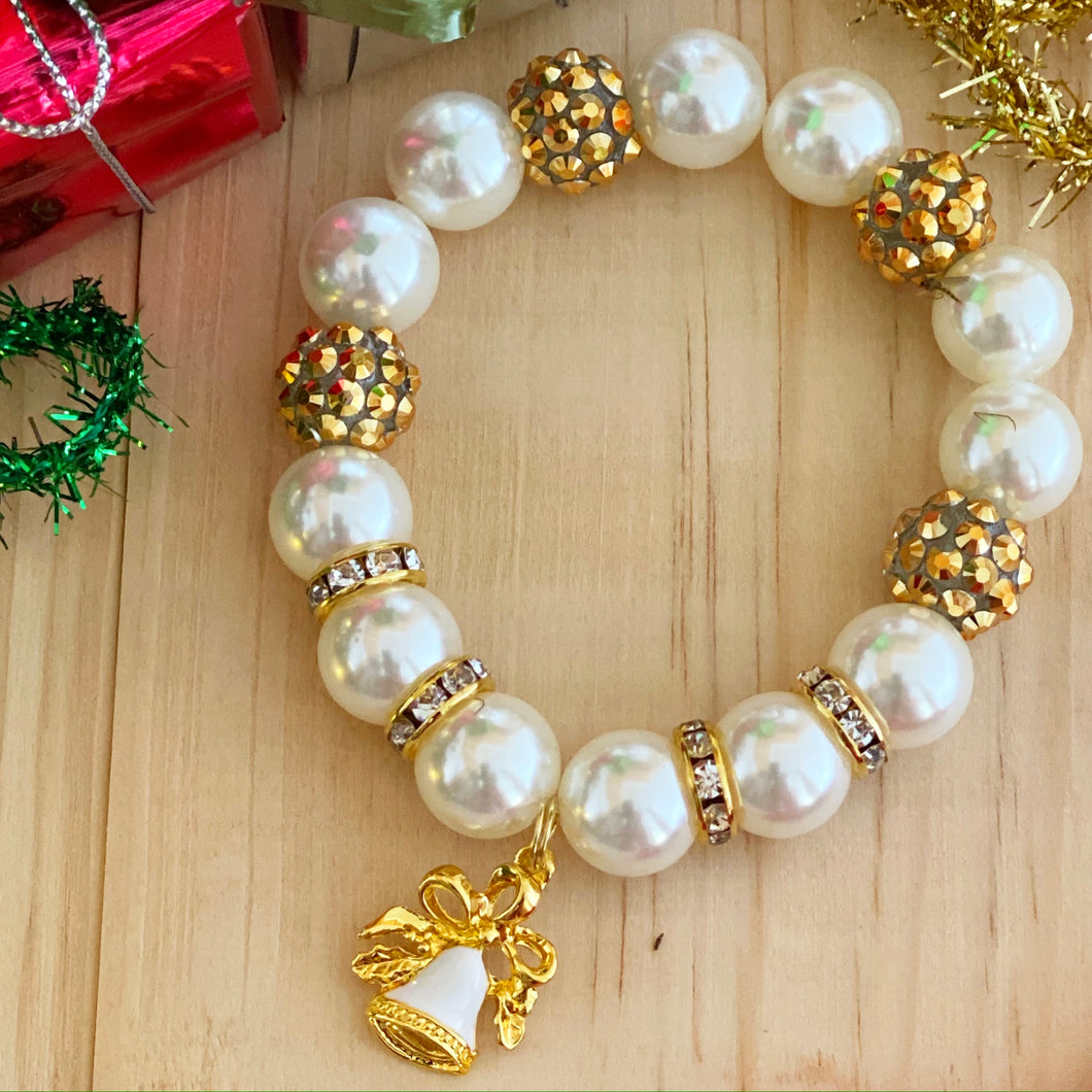 Christmas Bubblegum Bracelet - Gold and White Bell Charm