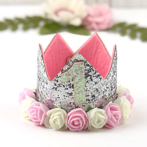 1st Birthday Crown with Flowers - Silver