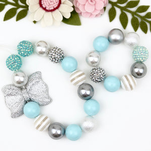 Bubblegum Necklace and Bracelet Set - Pale Blue and Silver