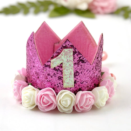 1st Birthday Crown with Flowers - Hot Pink